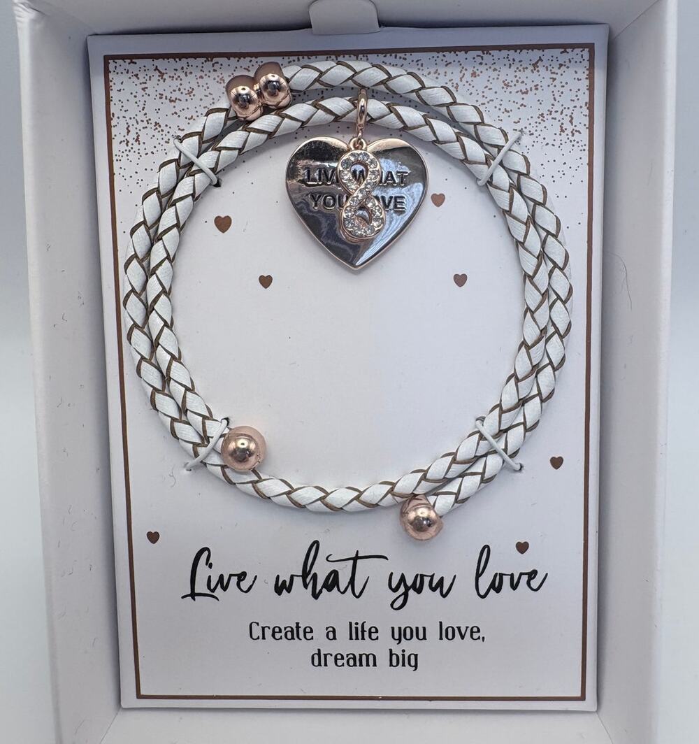 White Leather Wrap Bracelet with “Live What You Love” Heart Charm